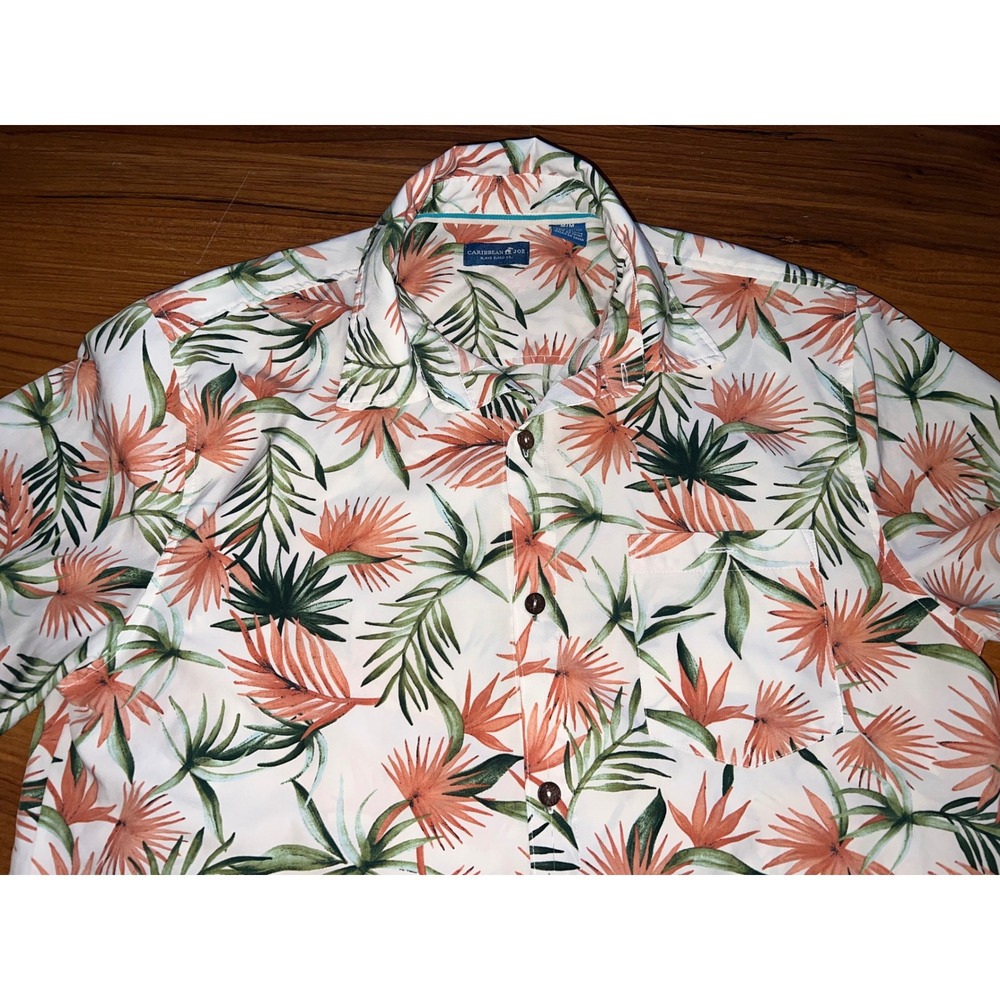 Caribbean Joe Mens Medium Tropical Palm Floral Button Front Shirt White Coral